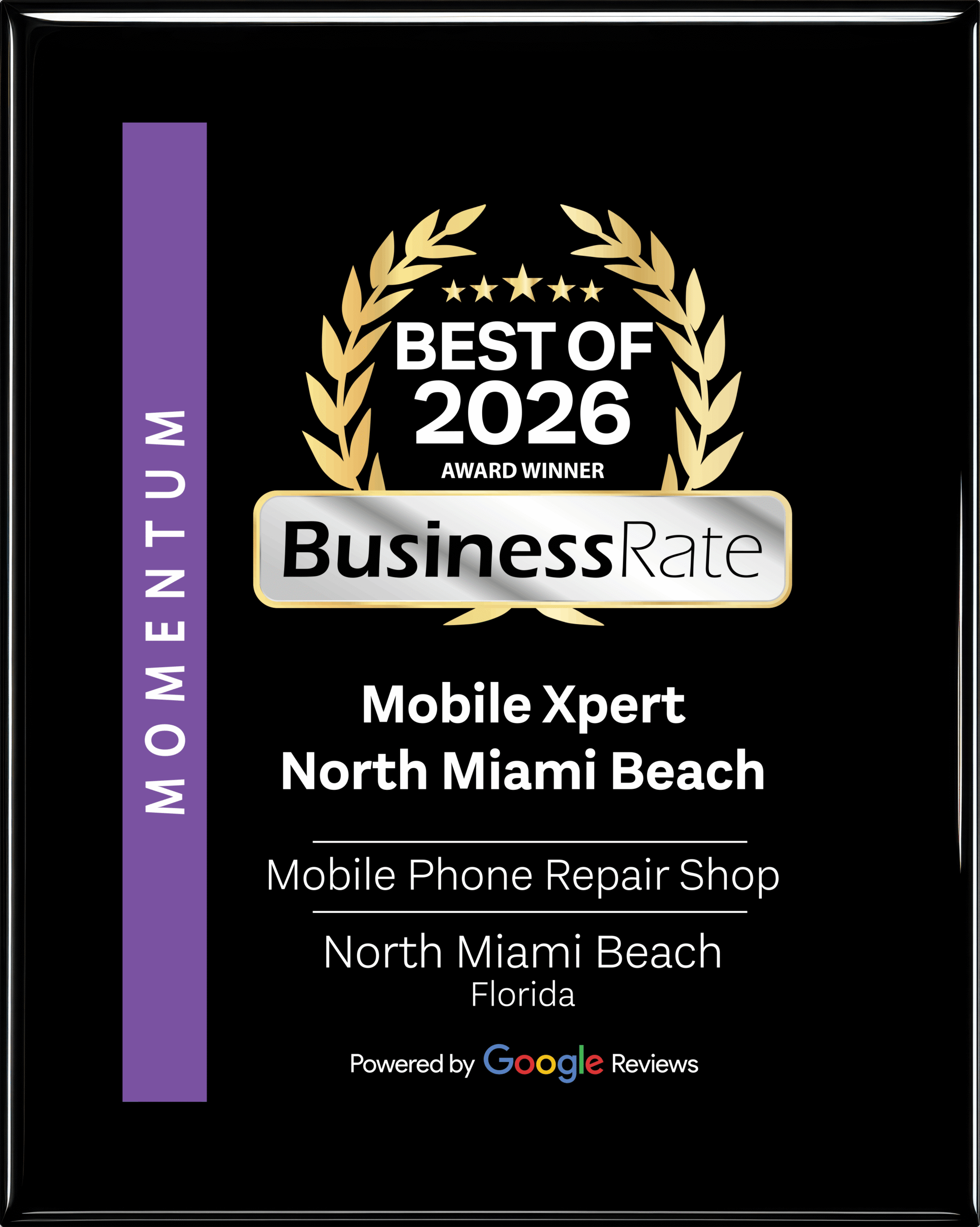 BusinessRate Best of 2026 Award badge for Mobile Xpert North Miami Beach, mobile phone repair shop in North Miami Beach, Florida